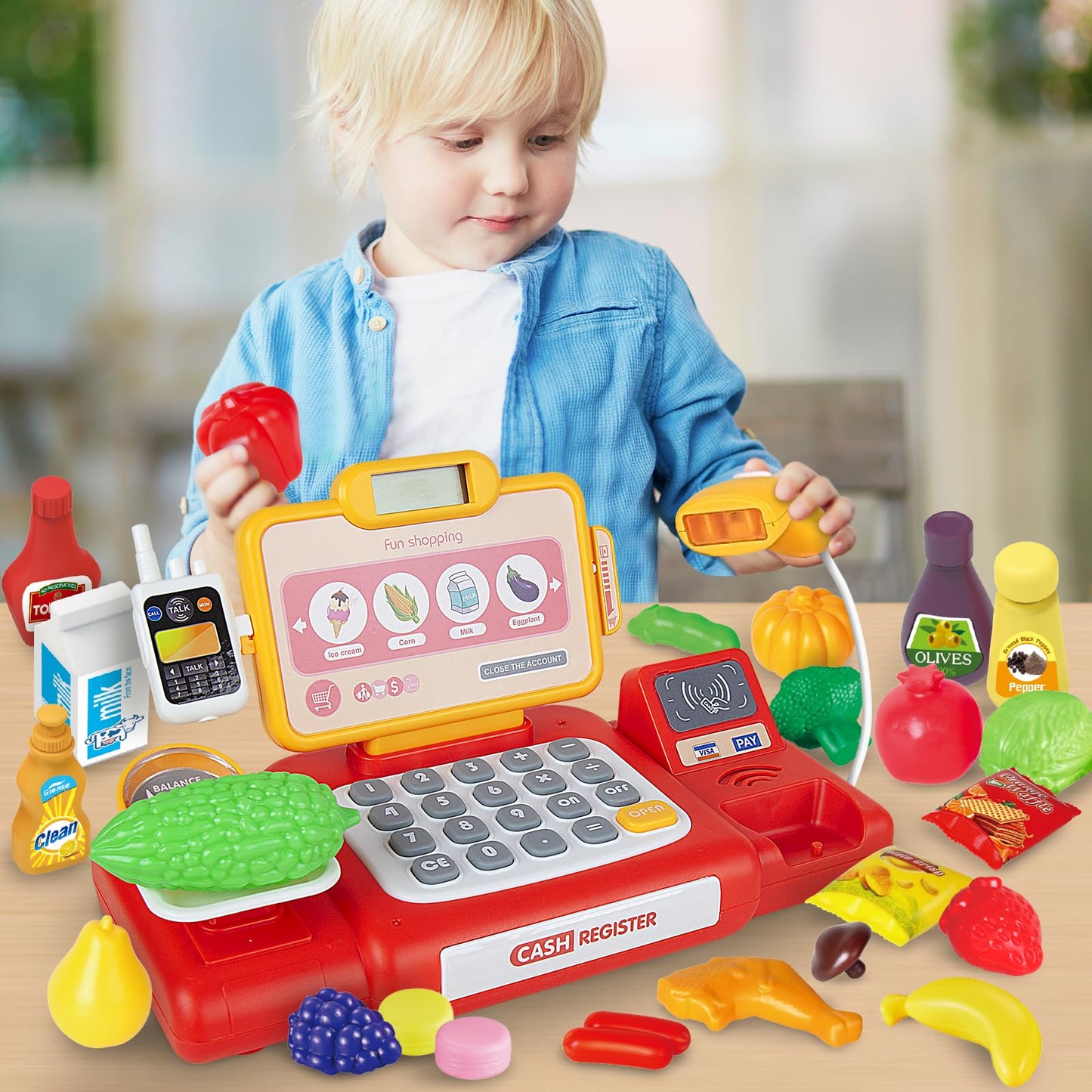 Yalujumb Kids Shopping Cart Trolley Play Set And Pretend Play Calculator Cash Register Toy With Pretend Food And Accessories,Per