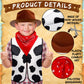 18 Pcs Kids Western Costume Set Include 6 Western Cowboy Felt Hat With 6 Bandanna 6 Cow Vest Tops For Boys Girls Halloween (Brown)