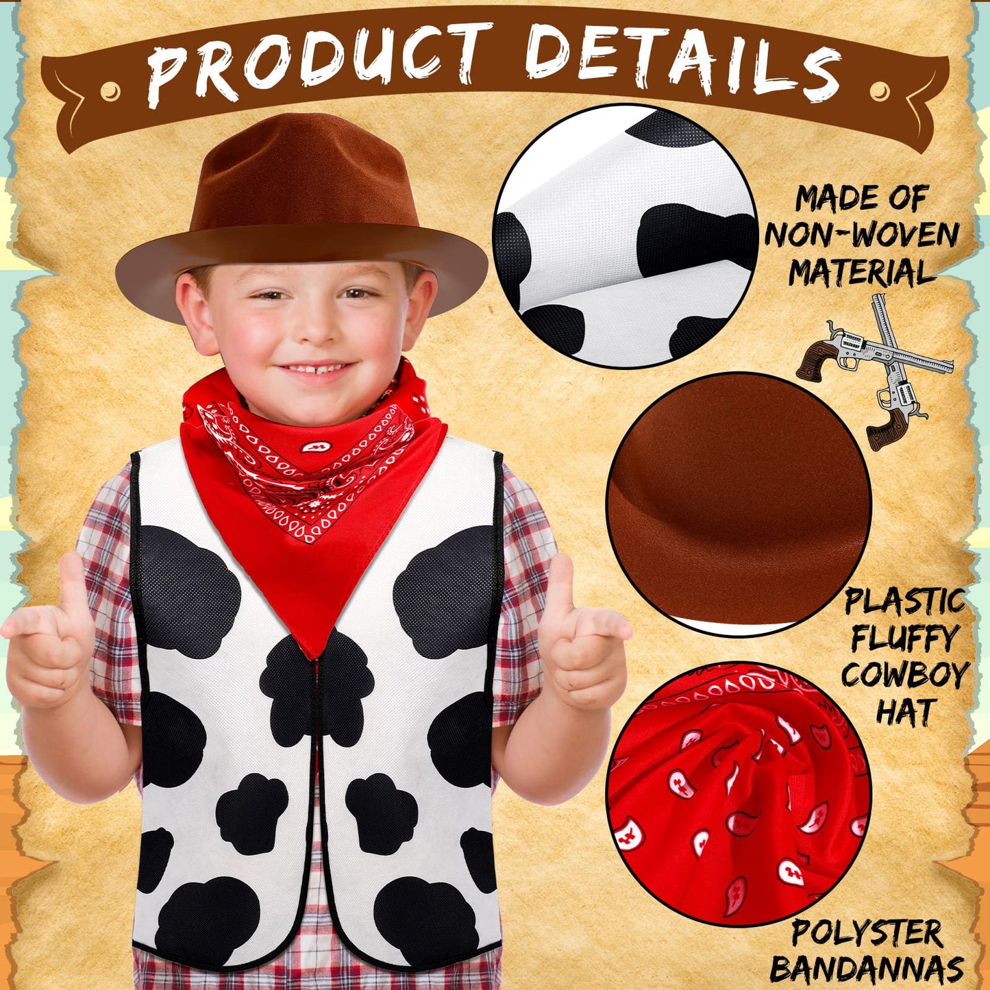 18 Pcs Kids Western Costume Set Include 6 Western Cowboy Felt Hat With 6 Bandanna 6 Cow Vest Tops For Boys Girls Halloween (Brown)