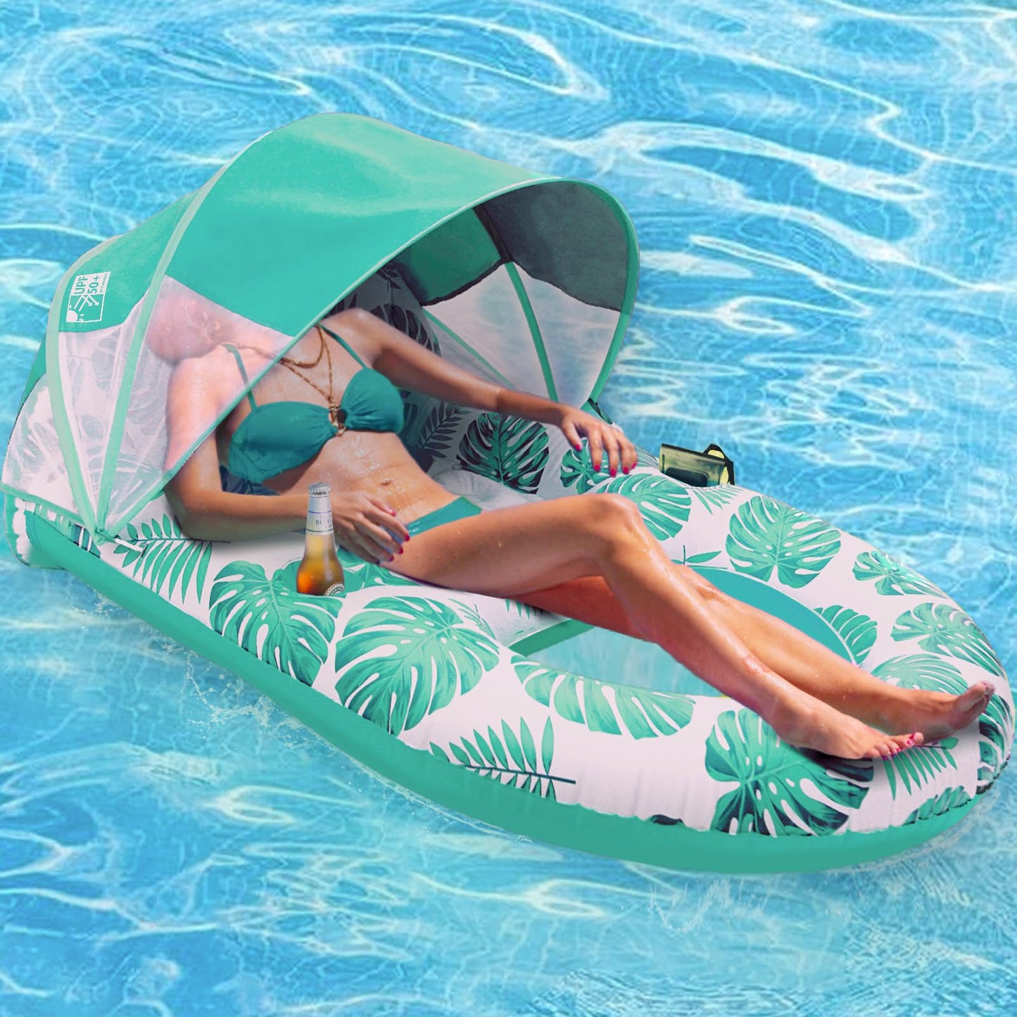 Coolcooldee Pool Lounge Float With Canopy Upf50+,Extra Large Pool Floats For Adults Heavy Duty,Inflatable Lounger Float With Cup Holder & Backrest,Footrest(Green)