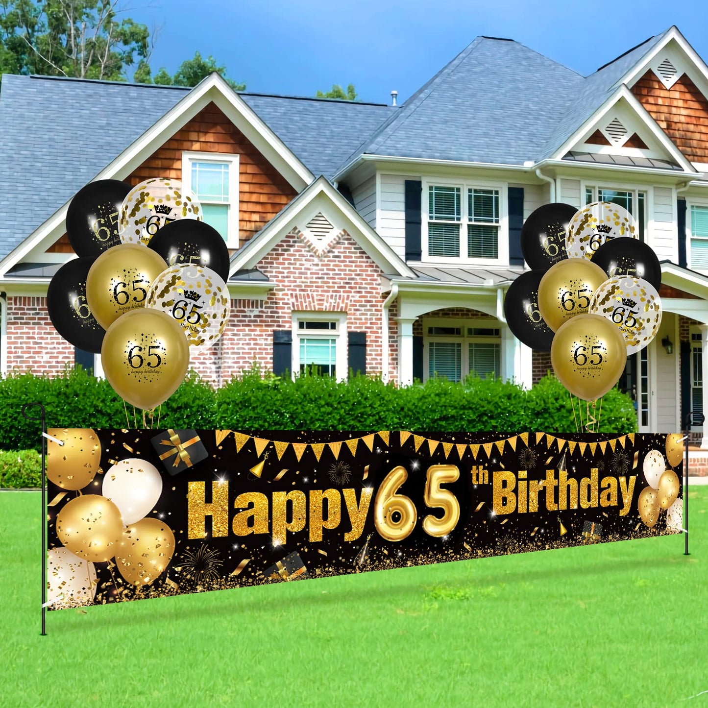 65Th Birthday Decorations For Men Women Black And Gold, Black Gold Birthday Yard Banner Sign And 18 Pcs 65Th Happy Birthday Balloons For 65Th Anniversary Birthday Party Supplies Outdoor Yard Decor
