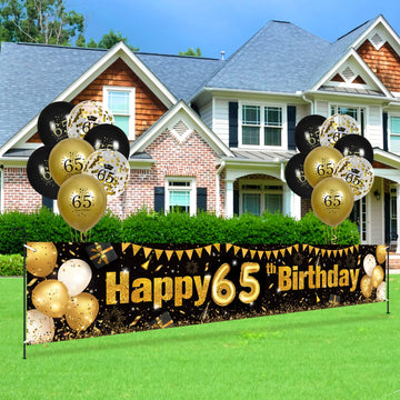 65Th Birthday Decorations For Men Women Black And Gold, Black Gold Birthday Yard Banner Sign And 18 Pcs 65Th Happy Birthday Balloons For 65Th Anniversary Birthday Party Supplies Outdoor Yard Decor