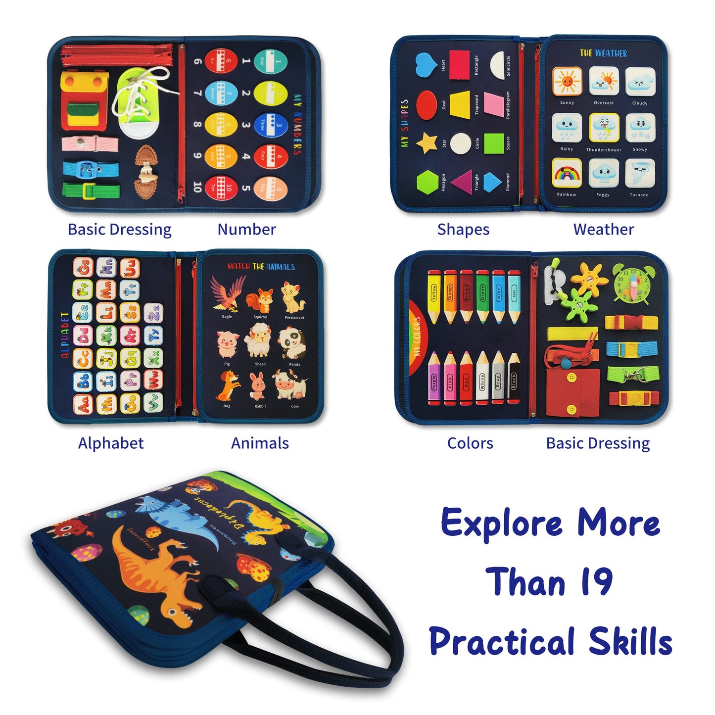 Learntoy Busy Board - Dinosaur Montessori Toys For 3 4 5 Year Old - Sensory Toys For Autistic Children - Toddler Travel Toys - Busy Book For Toddlers Activities As Boys Girls Gift