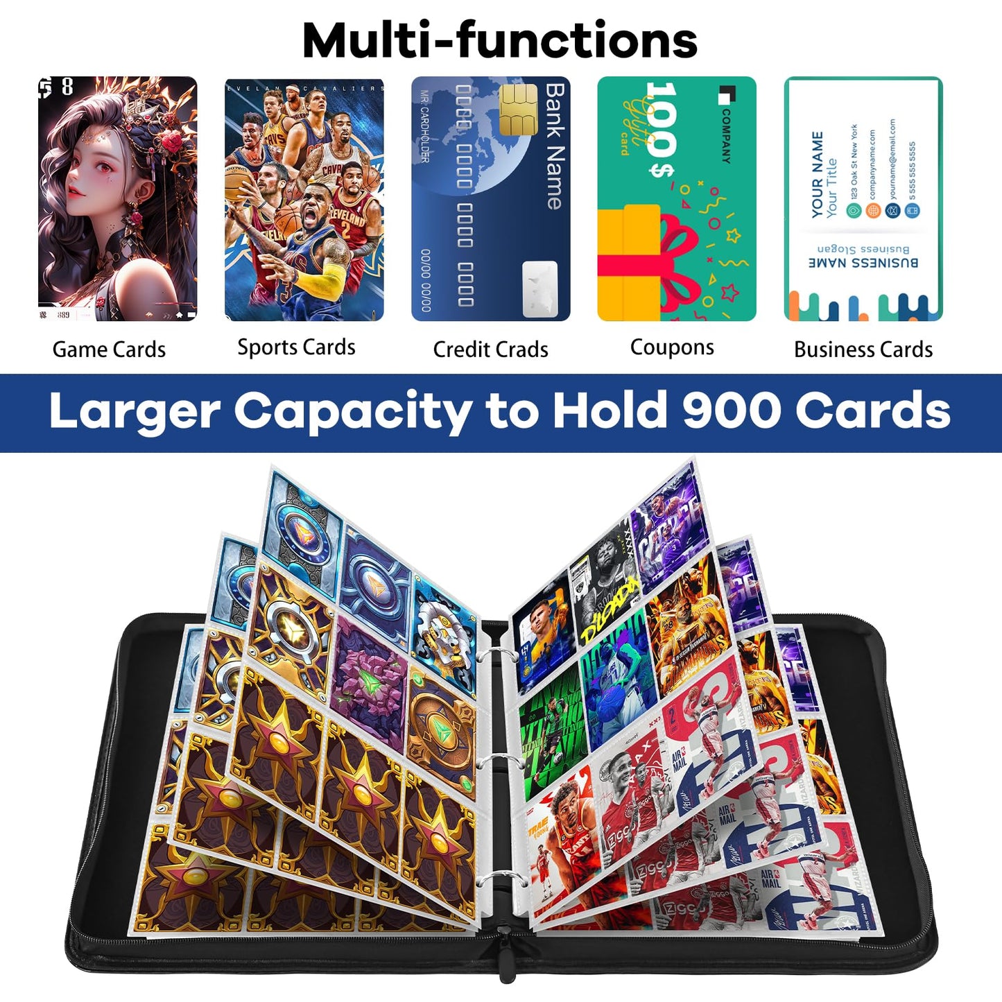 MAYGIBYE Card Binder 9 Pocket enhanced Zip Trading Card Binder 900 Double Sided Pocket PU Collection Binder Collector Album Card Folder for MTG  TCG  Sports Cards (Twill  9 Pocket)