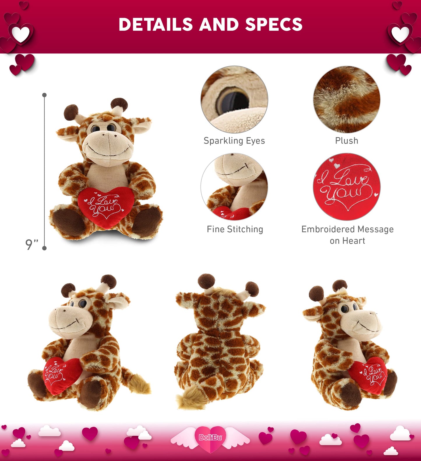 DolliBu Plush Sitting Giraffe - Cute 9" Stuffed Animal with Red Heart, Personalized Gift for Valentine's Day, Brown, Model K5191-5998-90