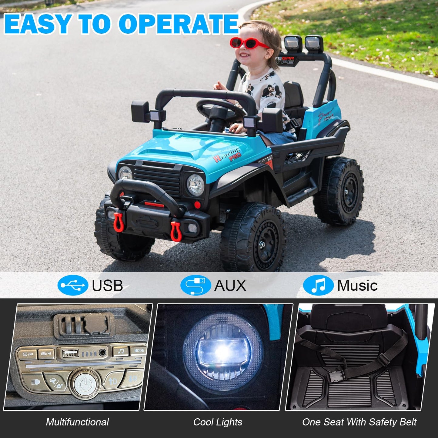 RunFast 24v Kids Ride on Car with Parent Remote Control Electric Ride on Toys for Kids 3-5 3.7mph Max Speed Battery Powered Large Seat with Safety Belt Aux Port Gift for Boy&Girl(Blue  24V)