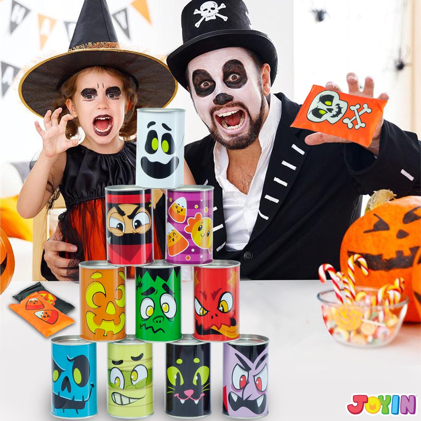 JOYIN 13 Pcs Halloween Carnival Bean Bag Toss Game with Tin Cans and Beanbags for Kids & mature-themeds Indoor Outdoor Carnival Party Games  Birthday Party Game  Halloween Gathering Party Supplies