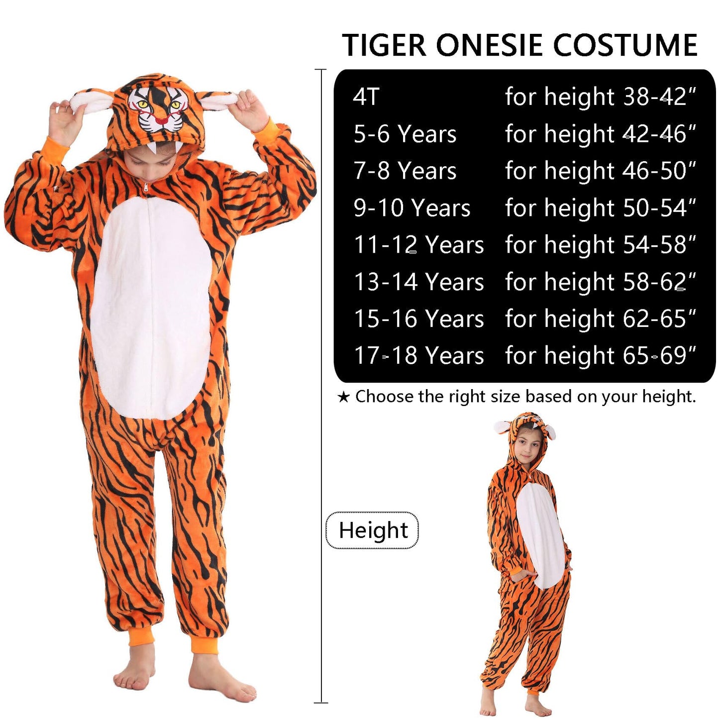 WAFUNNE Animal Onesie Costume for Kids Child Boys Girls Womens Mens Cosplay Halloween Costumes Easter Onesies Orange Tiger 130