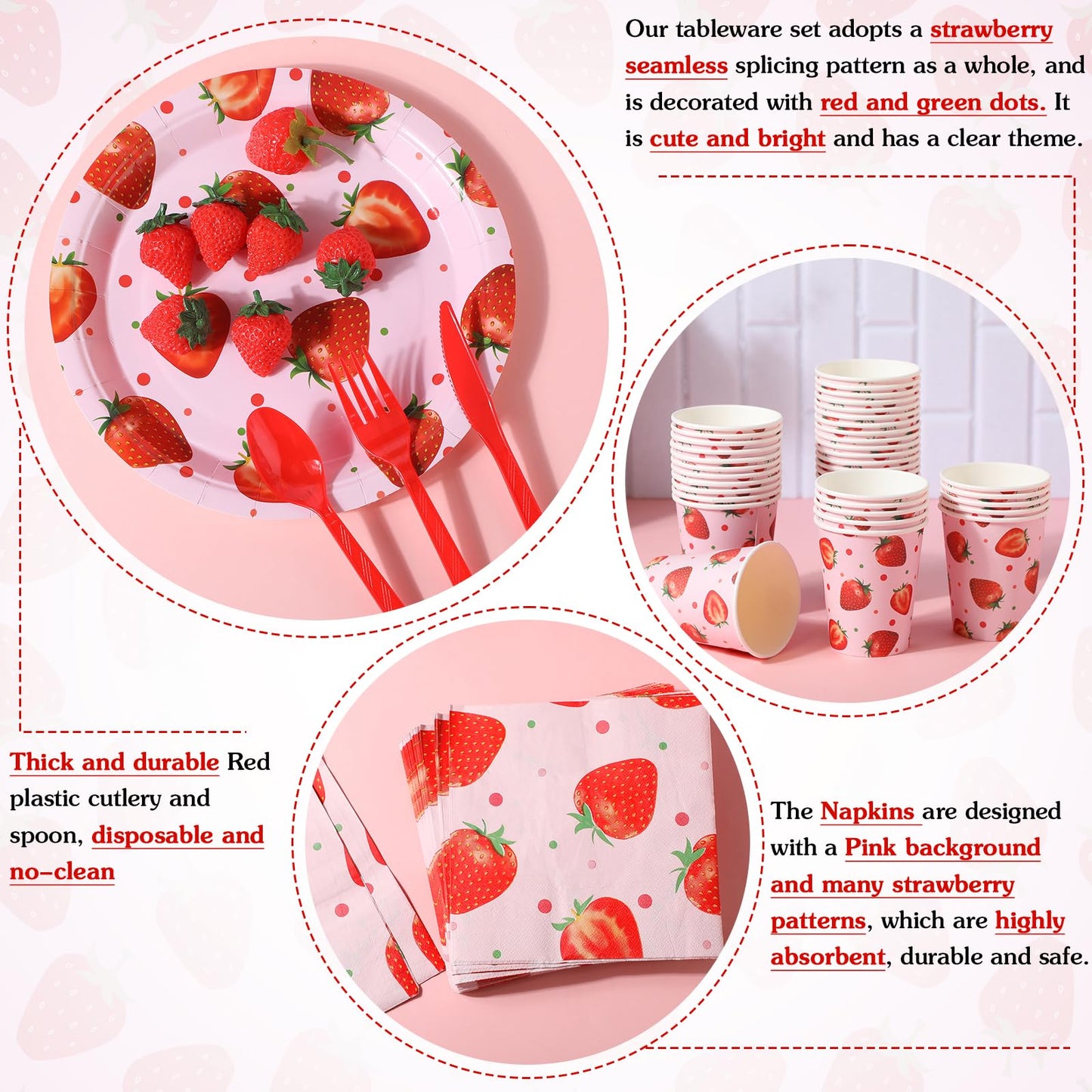 Ziliny 350 Pcs Strawberry Party Supplies Tableware Set Disposable 9   7   Paper Plates 9 oz Cups Cutlery Napkins Dinnerware