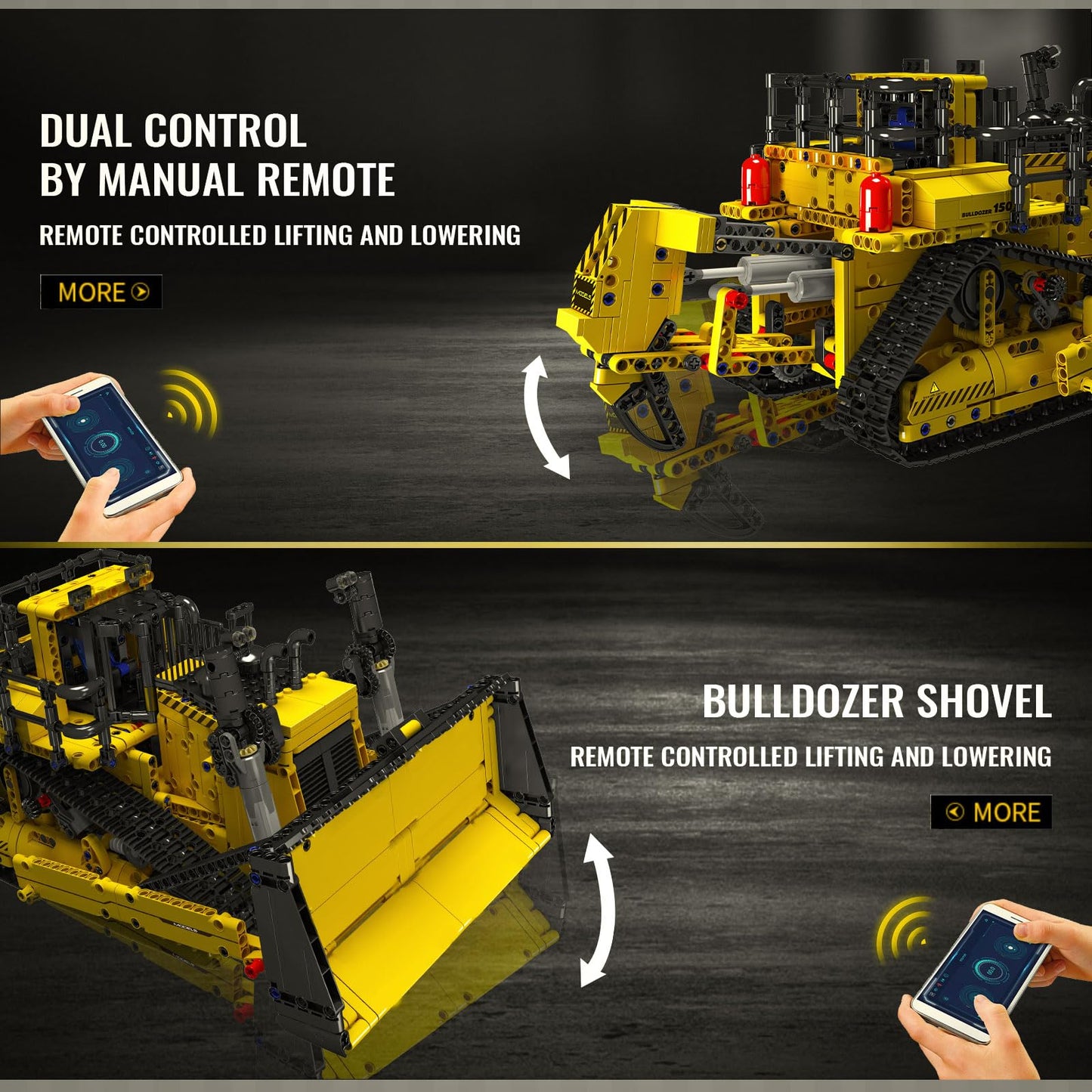 Mould King RC Bulldozer Building Set, 1508 Pieces, APP Control, Yellow, Model WX15084-LZUSNEW, Plastic Construction Vehicle for Adults
