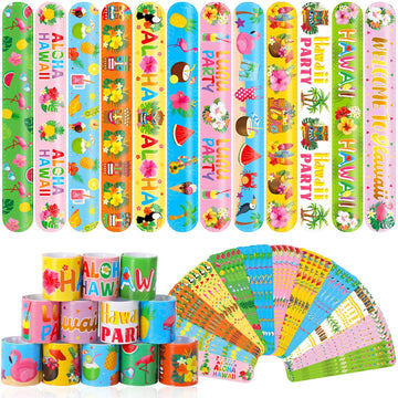 JUNEBRUSHS 56Pcs HawaiianTheme Slap Bracelets, Hawaii Luau Snap Bracelets Wristbands Bulk for Kids Aldults Tropical Hawaiian Lua