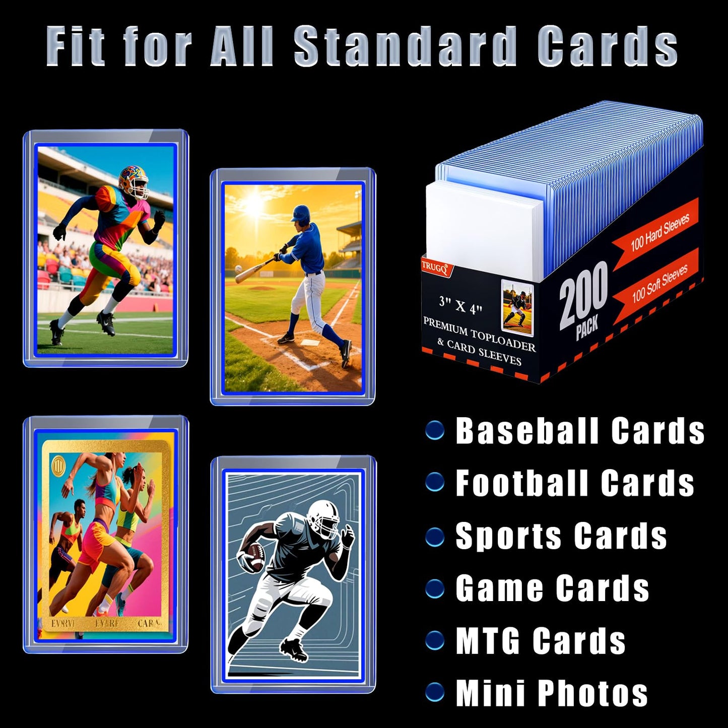 TRUGQ 1000 Card Sleeves Toploads for Cards 3 x 4 Baseball Card Protectors enhanced Standard Size Trading Hard Plastic Card Holder for Sports Football Cards(500 Hard Protectors +500 Soft Sleeves)