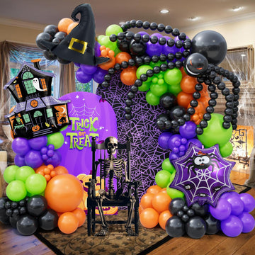 Bonropin 175Pcs Halloween Balloon Garland Arch Kit With Black Orange Green Purple Balloons Spider Balloons Halloween Foil Balloo