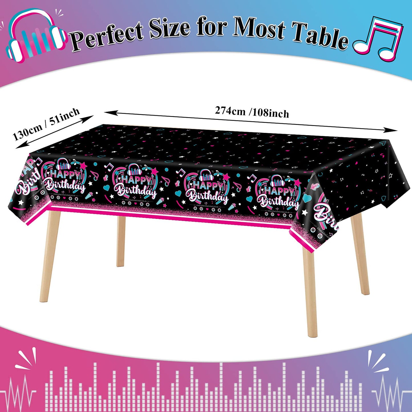 3 Pieces Music Party Tablecloth Happy Birthday Table Cover Decoration Music Note Social Media Themed Party Supplies Favor Disposable Plastic Tablecloth