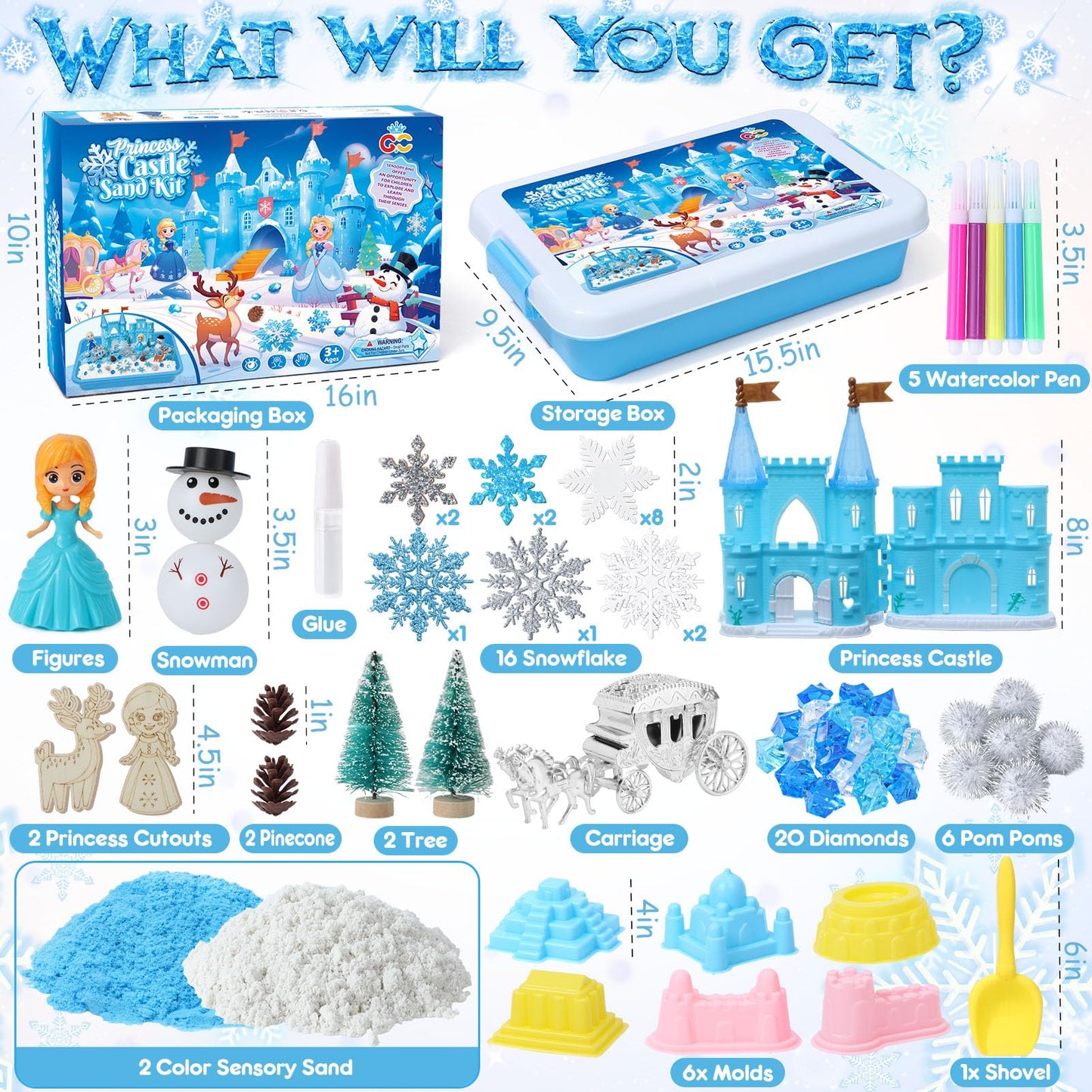 G.C Sensory Bin Play Sand Art Kit - Large Frozen Scheme with 2lb Sand, Molds & Princess Figure, Perfect Gift for Kids Ages 3-8