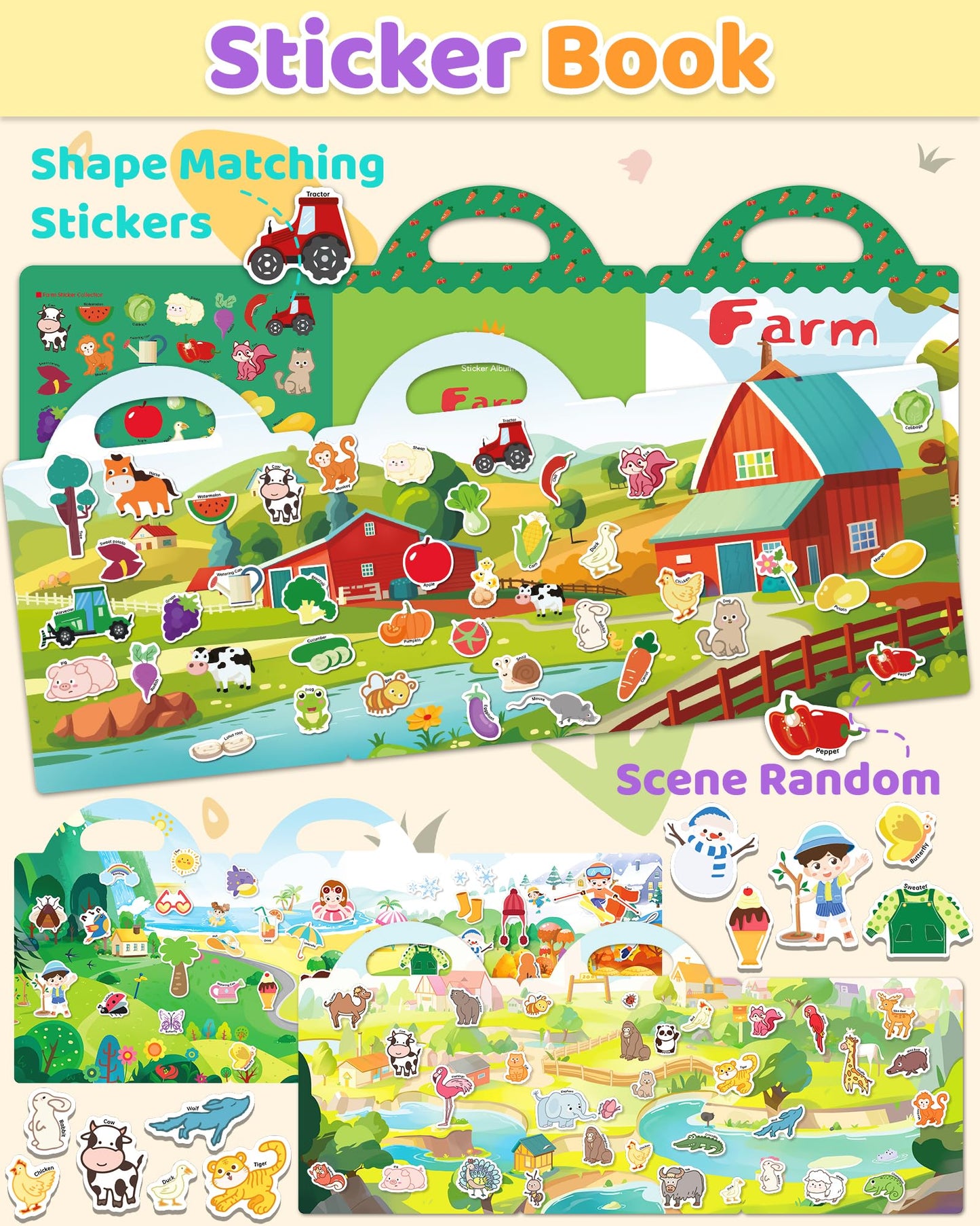 Benresive Reusable Sticker Books For Kids 2-4, Sticker Books For Toddlers 1-3 2-4, Toddler Travel Toys Activities Crafts Gifts - Farm, Animal And Season