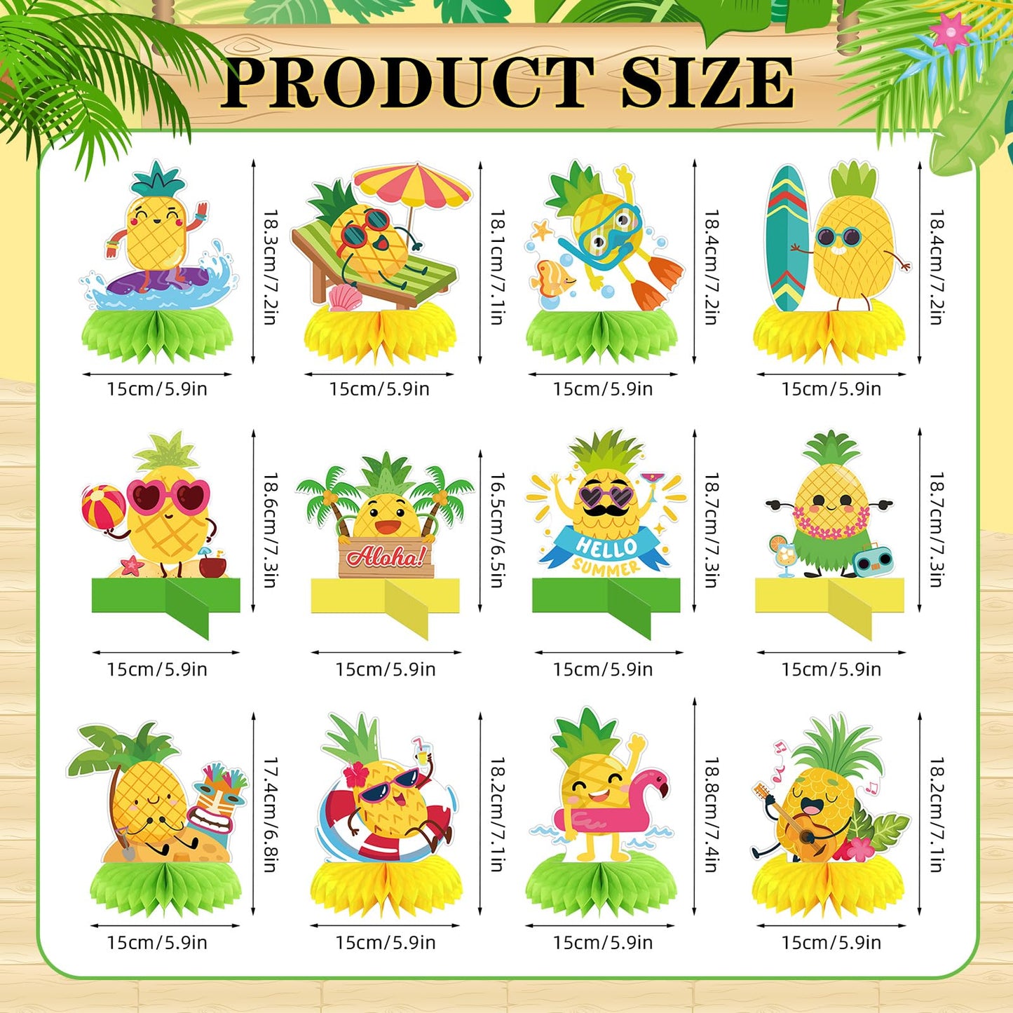 Weekgrat 12 Pcs Pineapple Honeycomb Centerpieces Decorations Tropical Fruit Table Sign Summer Aloha Luau Beach Hawaii Pineapple