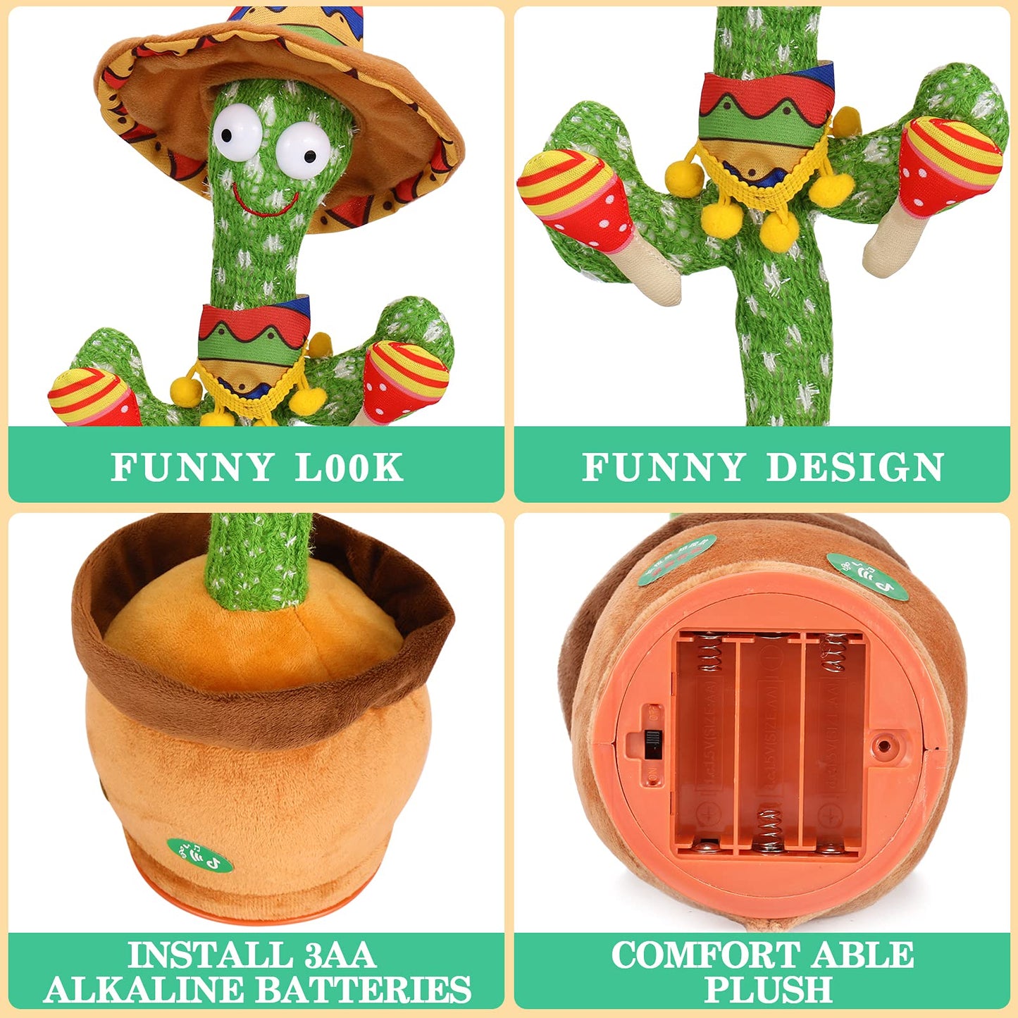Miaodam Talking Cactus Dancing Cactus Toy For Baby Toddler, Singing Cactus Repeats What You Say For Kids With 60 English Songs Mimicking Cactus Toy For Baby Gift