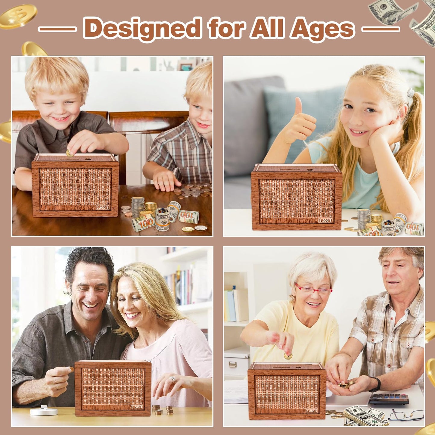 Homgaty Wooden Money Box Money Bank, Countdown Money Saving Box With 3000 Dollars Target, Money Box With Money Target And Numbers To Check For Boys Girls (3000 Usd)