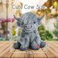 Tonpect Highland Cow Plush Toy - Mooing Sound, 10 inch, Grey Cotton, Model Toys105, Cuddly Farm Gift for Boys and Girls