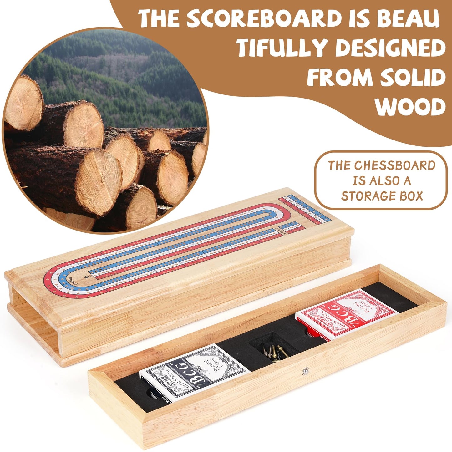 Wooden Cribbage Board Game Set  enhanced Wooden Board with with Storage Drawer and Metal Pegs  Strategy Card Game Cribbage - Travel Portable Cribbage Game Sets for Family