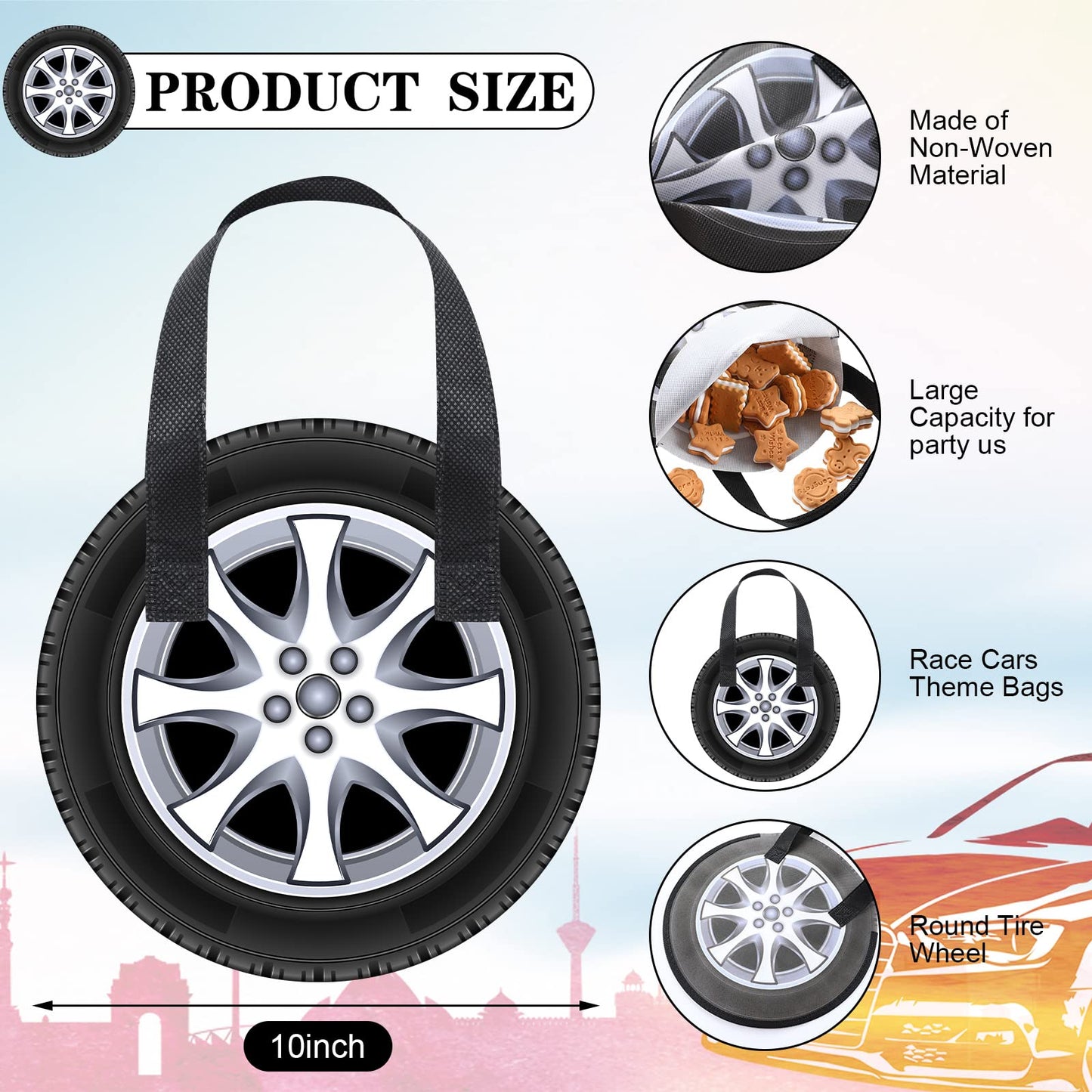 Silkfly 48 Pcs Racing Car Party Non Woven Tote Bags Race Car Wheel Bags with Handles Race Car Party Supplies for Candy Gifts Goo