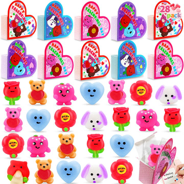 Amenon 28 Pack Valentines Mochi Squishy Toys With Unique Gift Boxes Greeting Cards, Valentines Gifts For Kids Classroom School E