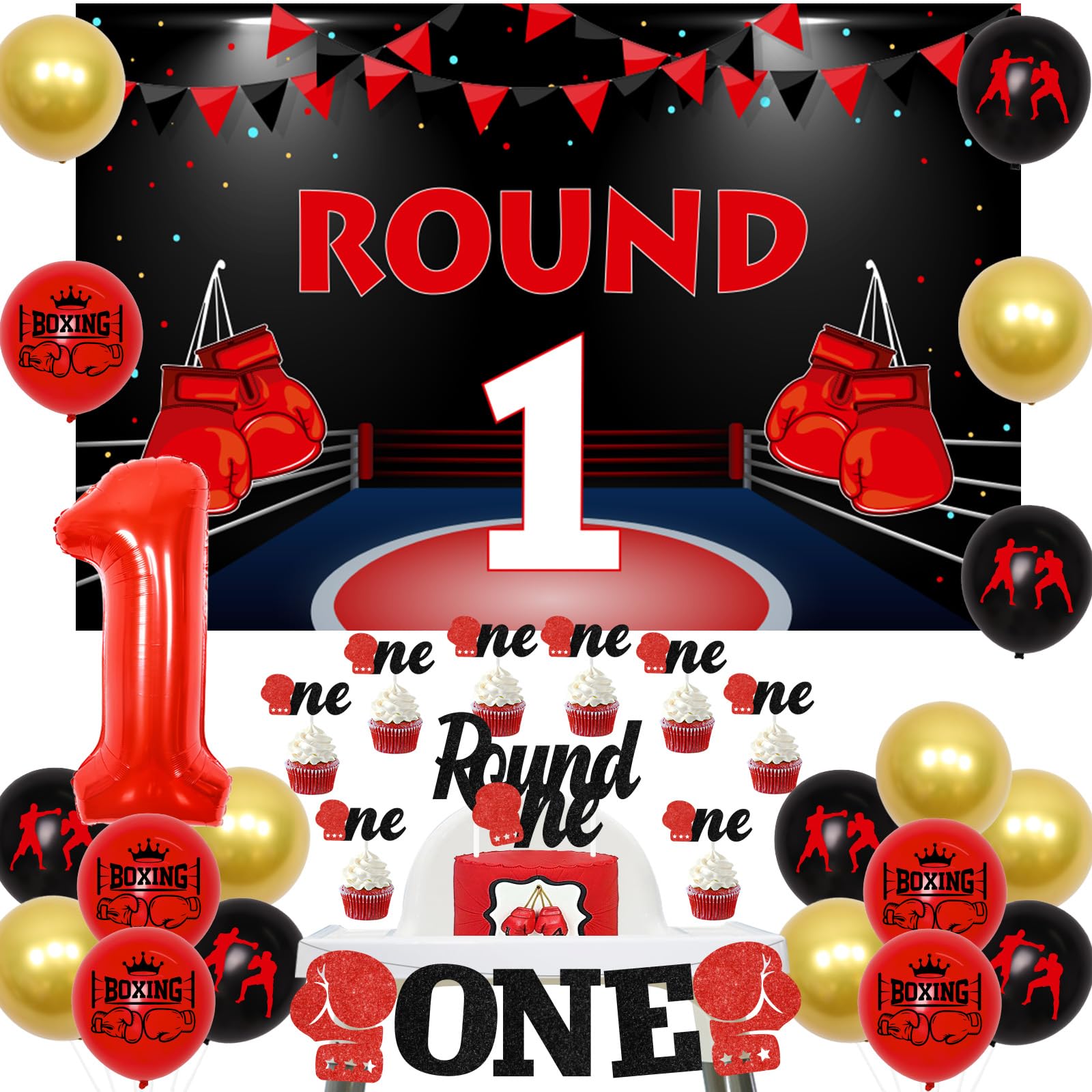 JOYMEMO Boxing 1st Birthday Party Decorations, Round 1 Backdrop - Round One Cake toppers & Highchair Banner Champion Trophy Ball