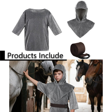 Kids Renaissance Imitative Chain Mail Shirt with Coif Medieval Knight Costume protective covering Tunic Costume Belt Set