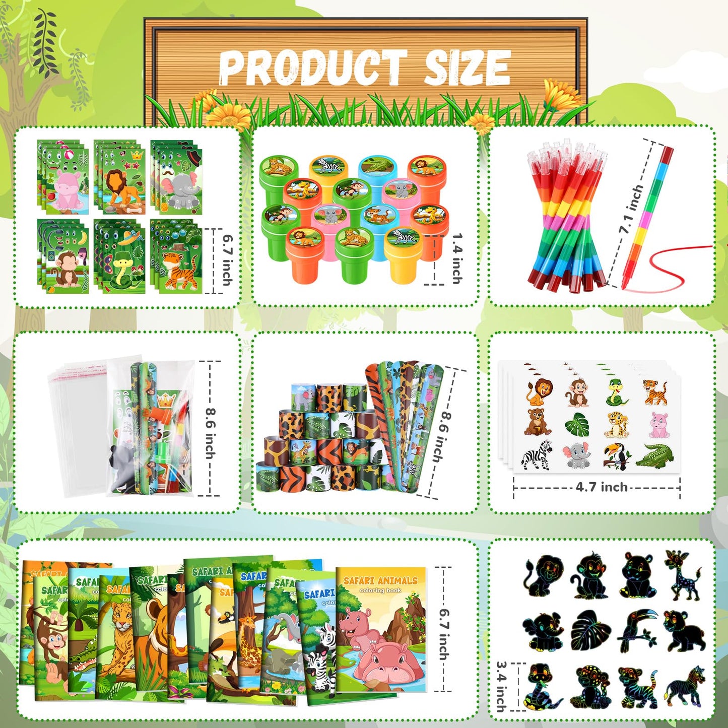 BenLouis 96Pcs Jungle Safari Party Favors Zoo Animals Coloring Books Crayons Sticker Stampers Slap Bracelets Set Bulk Classroom