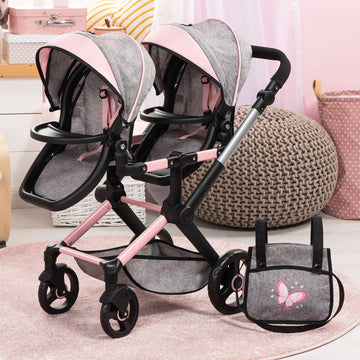 Bayer Design Dolls: Xeo Twin Pram - Butterfly Grey & Pink - Matching Handbag, Adjustable Handle, For Dolls Up To 20''