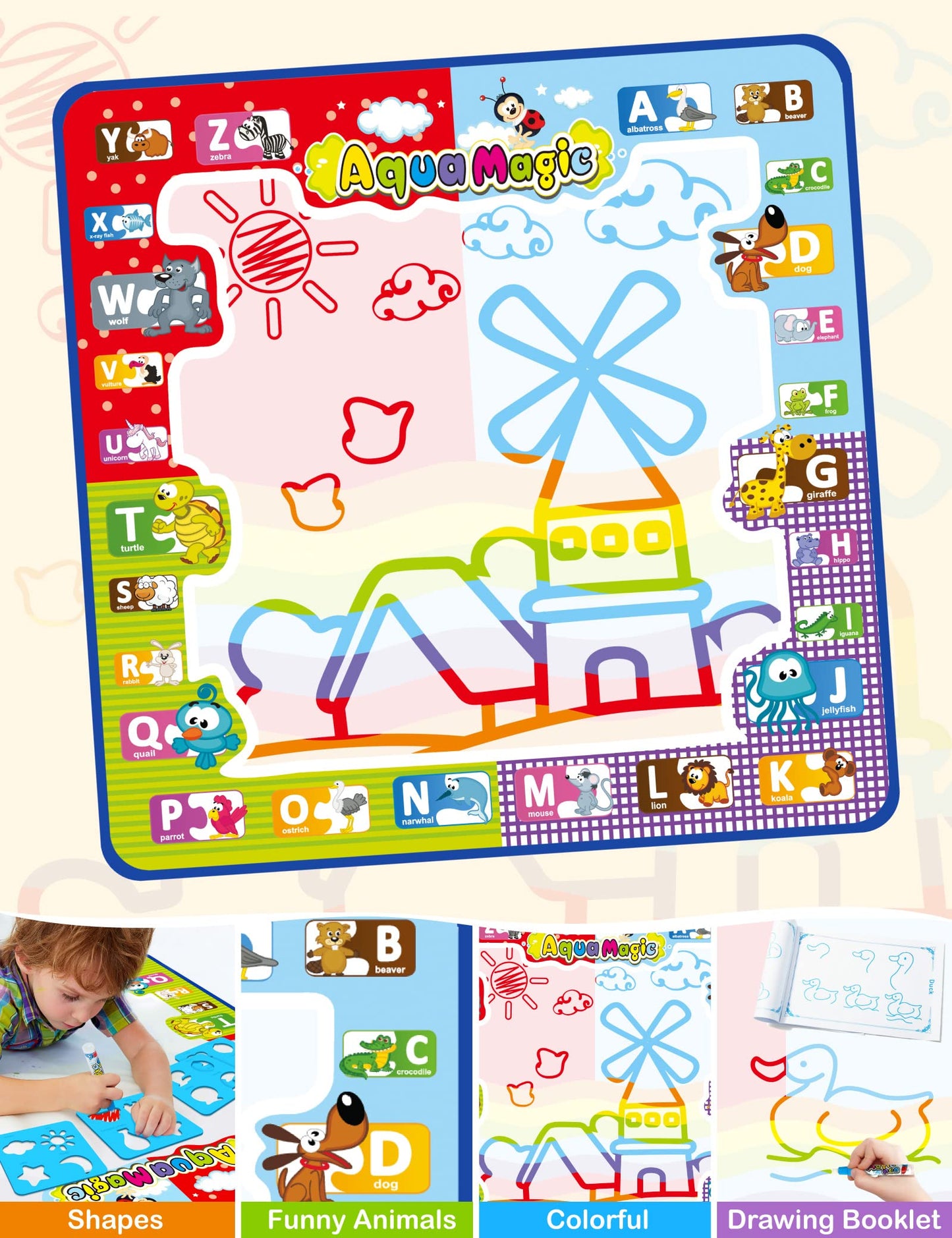Jasonwell Aqua Water Doodle Mat 31 X 31 Inches Extra Large Magic Drawing Doodling Mat Coloring Mat Educational Toys Gifts For Kids Toddlers Boys Girls Age 2 3 4 5 6 7 8 Year Old (Alphabet)