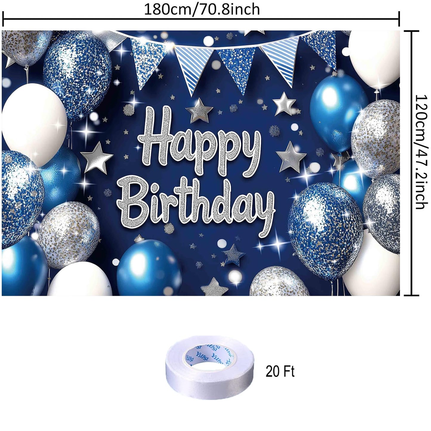 Yilzo Backdrop Blue Silver Balloon Star Happy Birthday Banner 70.8 x 47.2 Inch Photography Background for Men Party Supplies