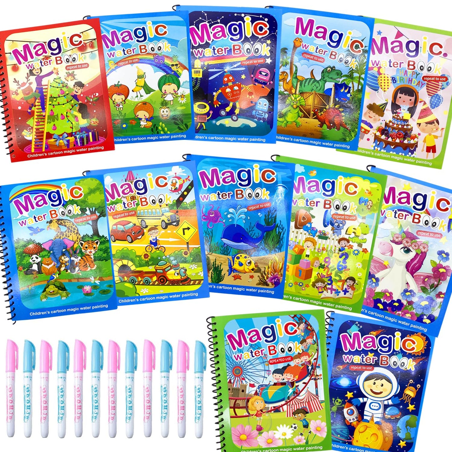 Dduolammng 12 Pack Water Coloring Books,Water Doodle Book Toys,Reusable Water Painting Book For Toddlers,Educational Learning Kits Gifts