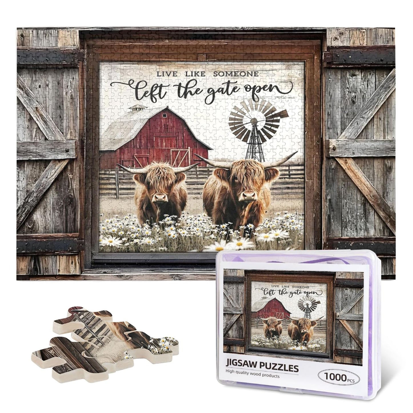 Highland Cow Jigsaw Puzzles 1000 Pieces for Adults, Farm Animal & Daisies Country Scene, Rustic Window View Wooden Puzzle, Relax