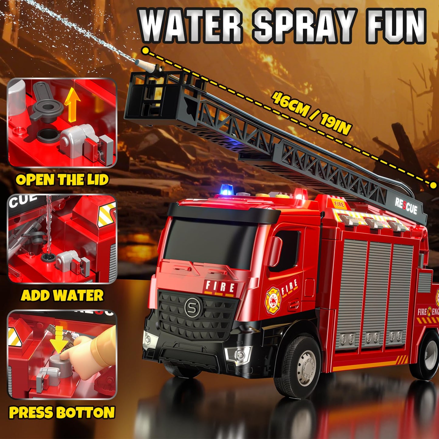 Lehoo Castle Fire Truck Toy with Rotating Ladder, Lights & Sounds, 3.84"x6"x10.8", Plastic, Perfect Gift for Boys Ages 2-5
