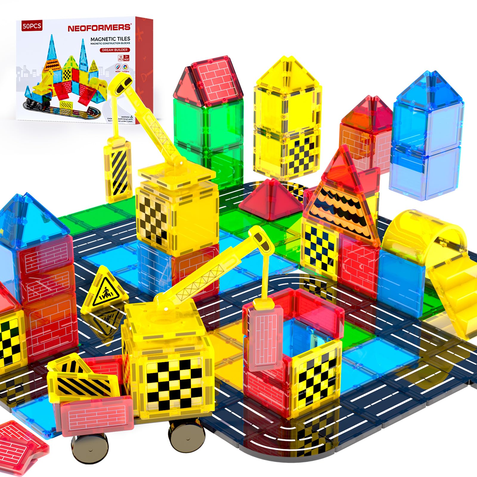 NEOFORMERS Magnetic Tiles Builder Construction Set  Magnetic Tiles Road Cars Set STEM Toys for Ages 3-8  Montessori Sensory Educational Magnet Toys for 3+ Year Old Boys and Girls Gifts