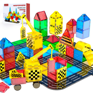 NEOFORMERS Magnetic Tiles Builder Construction Set  Magnetic Tiles Road Cars Set STEM Toys for Ages 3-8  Montessori Sensory Educational Magnet Toys for 3+ Year Old Boys and Girls Gifts