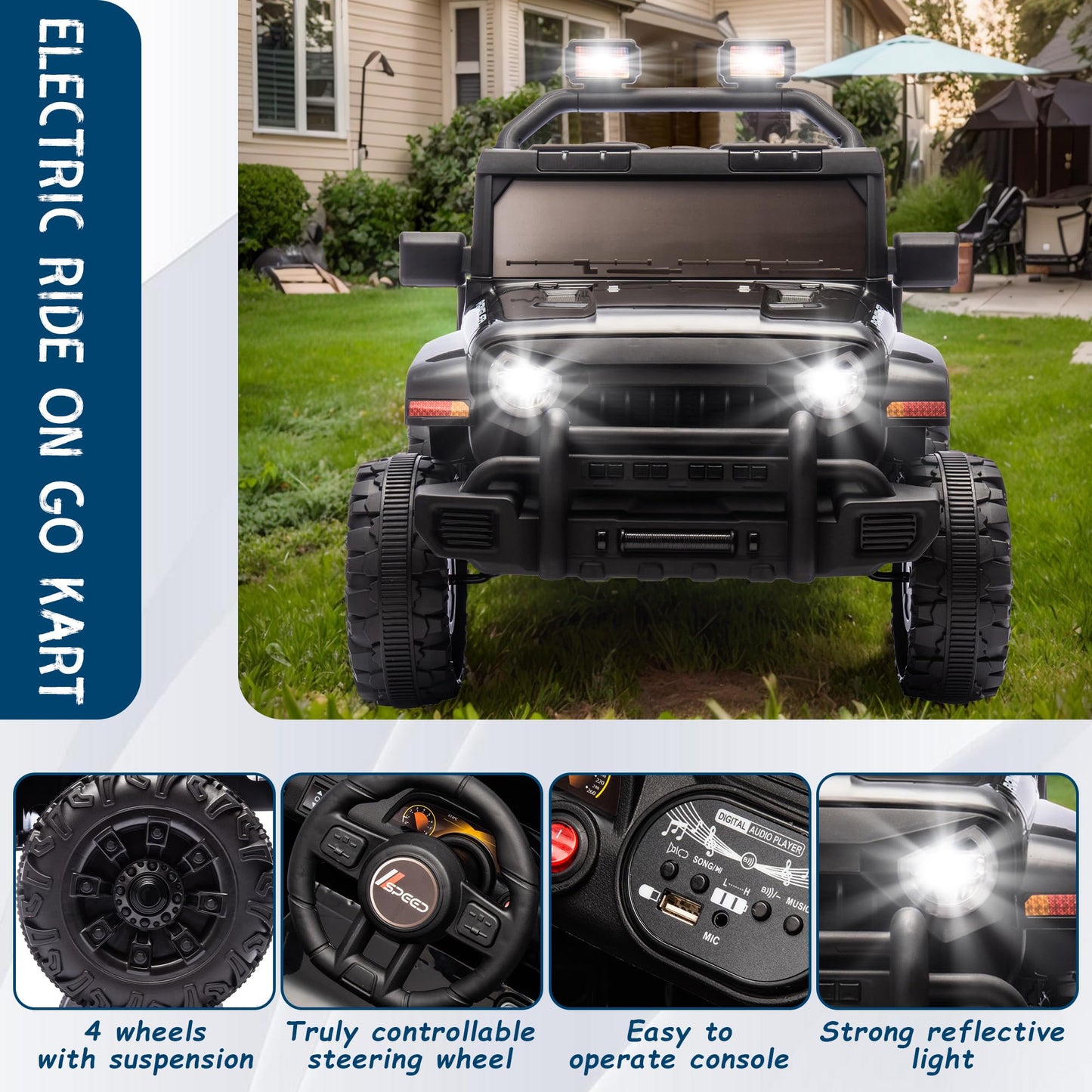 OKYBABY Ride on Truck Car  12V Kids ' Electric Vehicles W/Parents Control  Ride on Toys for Toddlers with Music  Bluetooth  Four-Wheels Suspension  USB  Headlights  Black