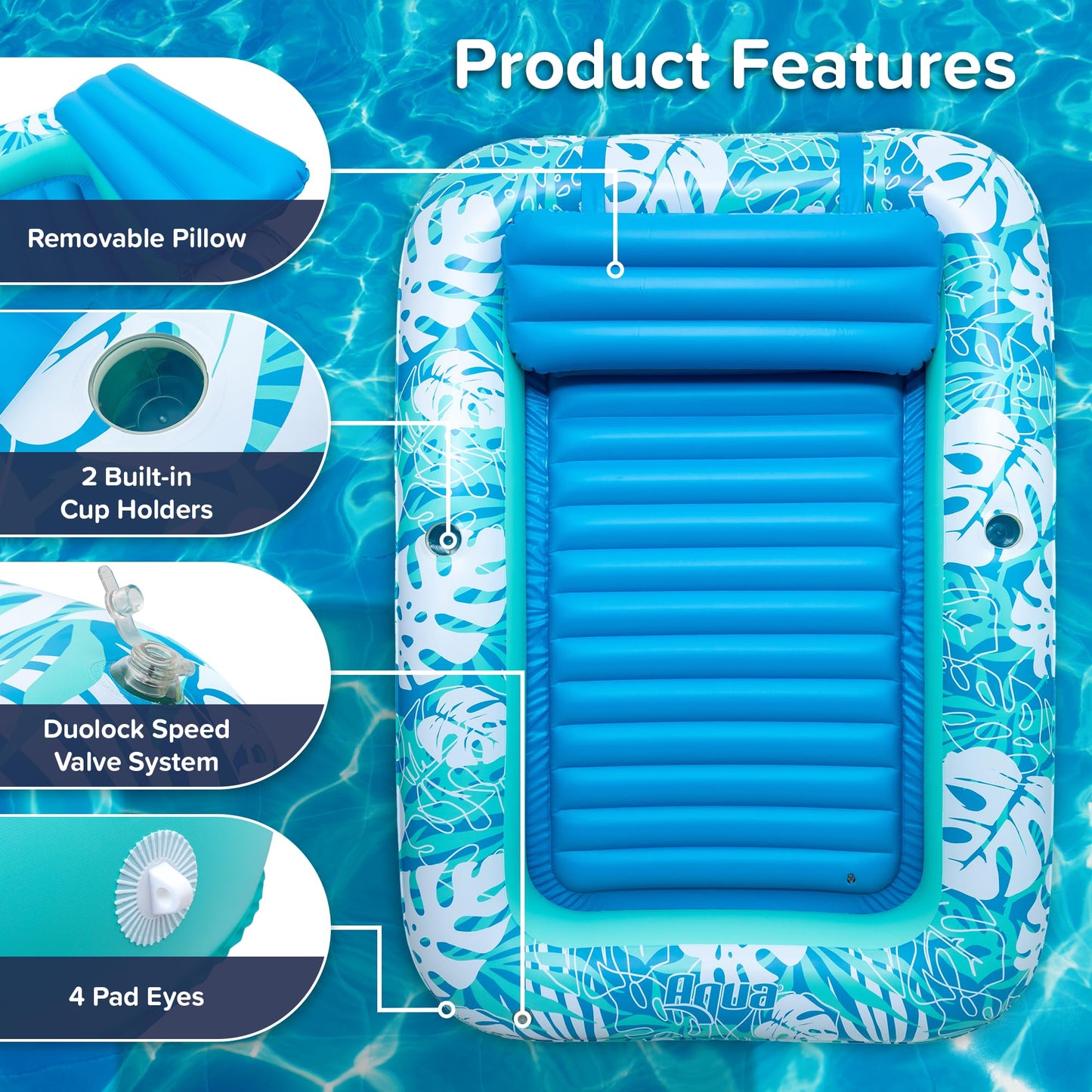 Aqua Inflatable Tanning Pool Lounger - Extra Large (80 x 56 in) - enhanced Pool Float with Cupholders and Removeable Pillow for Relaxation and Fun  Teal Palms Pattern