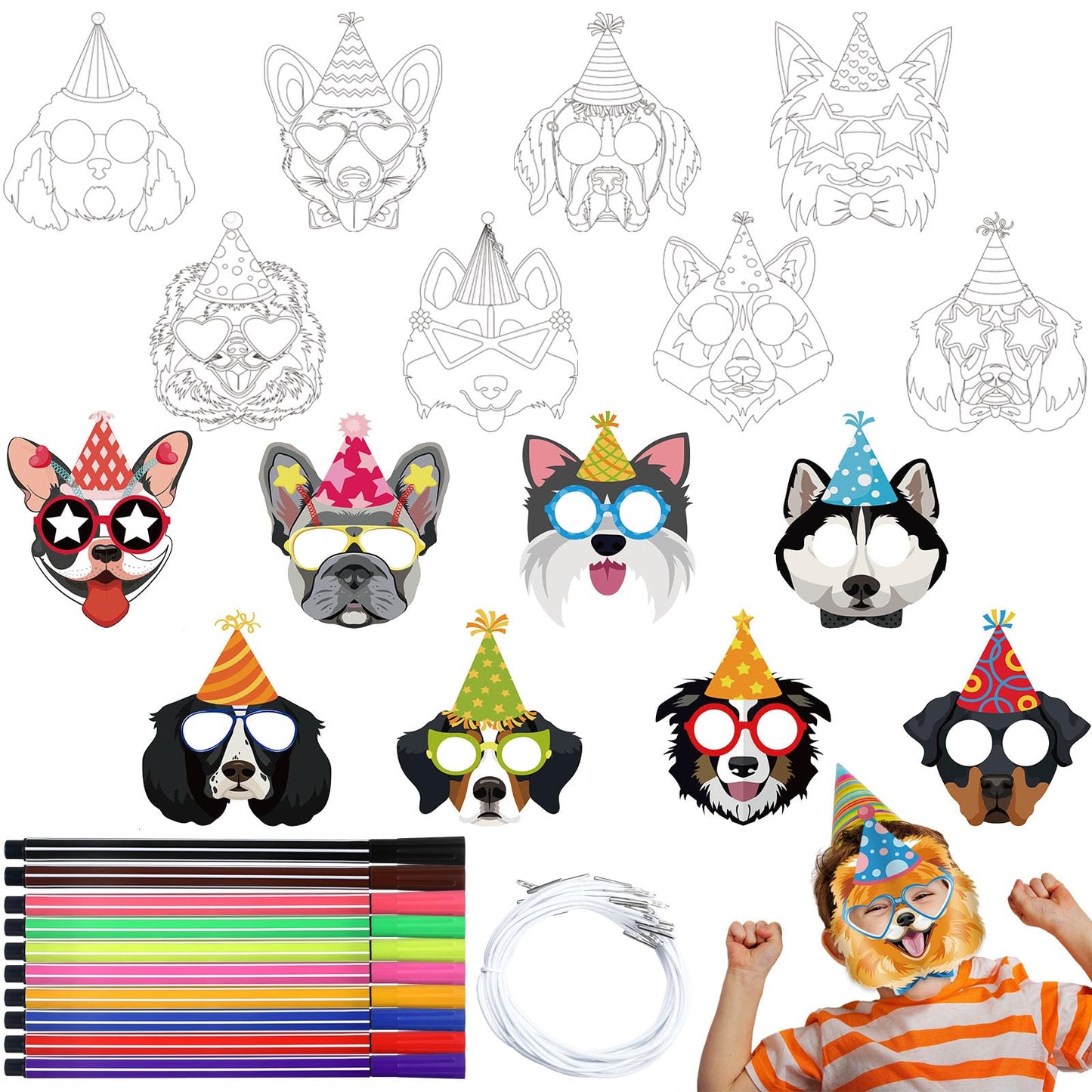 Lenwen 16 Set Animal DIY Masks Dog Coloring Dog Party with 24 Pcs Watercolor Pen Blank Jungle Animal Unpainted Masks for Kid Bir