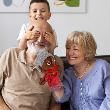 1 Pcs Family Hand Puppets 12 Inch Grandparents Mom Dad Brother Sister Plush Hand Puppet Toys Role-Play Toy Puppets For Kids Storytelling Imaginative Pretend Play Teaching Preschool(Black Grandmother)