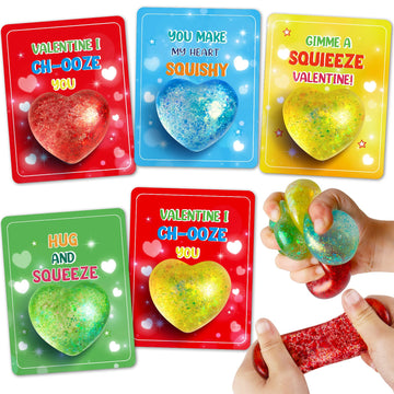 Valentines Day Gifts Cards For Kids, 24 Pack Heart Stress Balls With Greeting Cards, Stretchy Toy Balls Bulk Gift For Kids Class