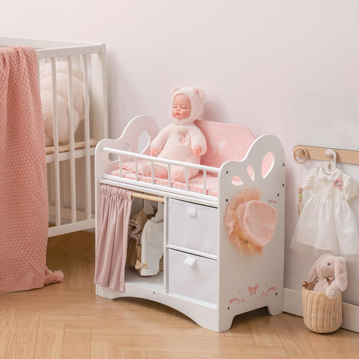 Robotime Baby Doll Crib, Wooden Doll Bed, Toy Baby Crib With Storage, Bedding, And Wooden Hooks, Doll Crib Fits Dolls Up To 21''