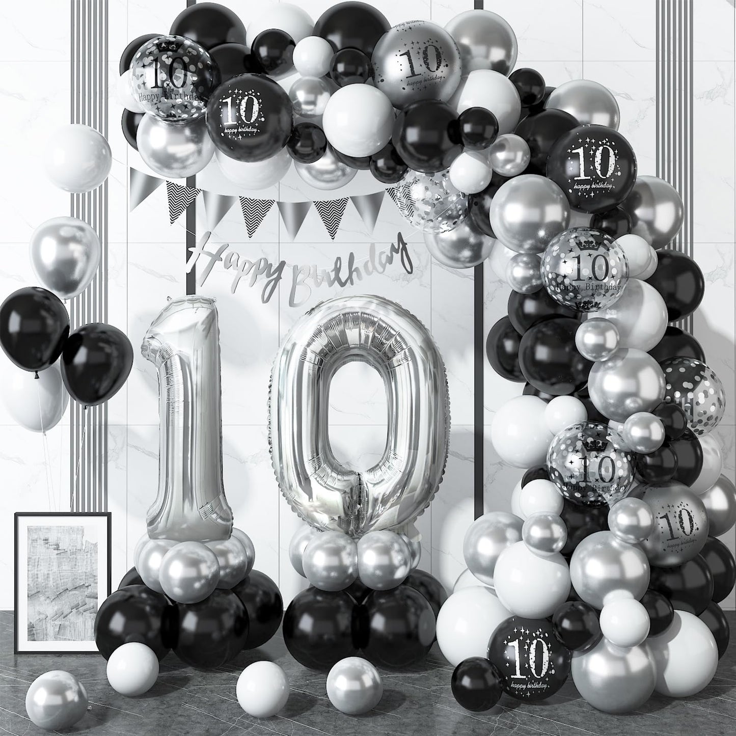 10Th Birthday Decorations Black Silver,10Th Birthday Balloon Garland Party Decorations With Number 10 Foil Balloons,Happy Birthd