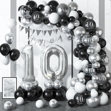 10Th Birthday Decorations Black Silver,10Th Birthday Balloon Garland Party Decorations With Number 10 Foil Balloons,Happy Birthd