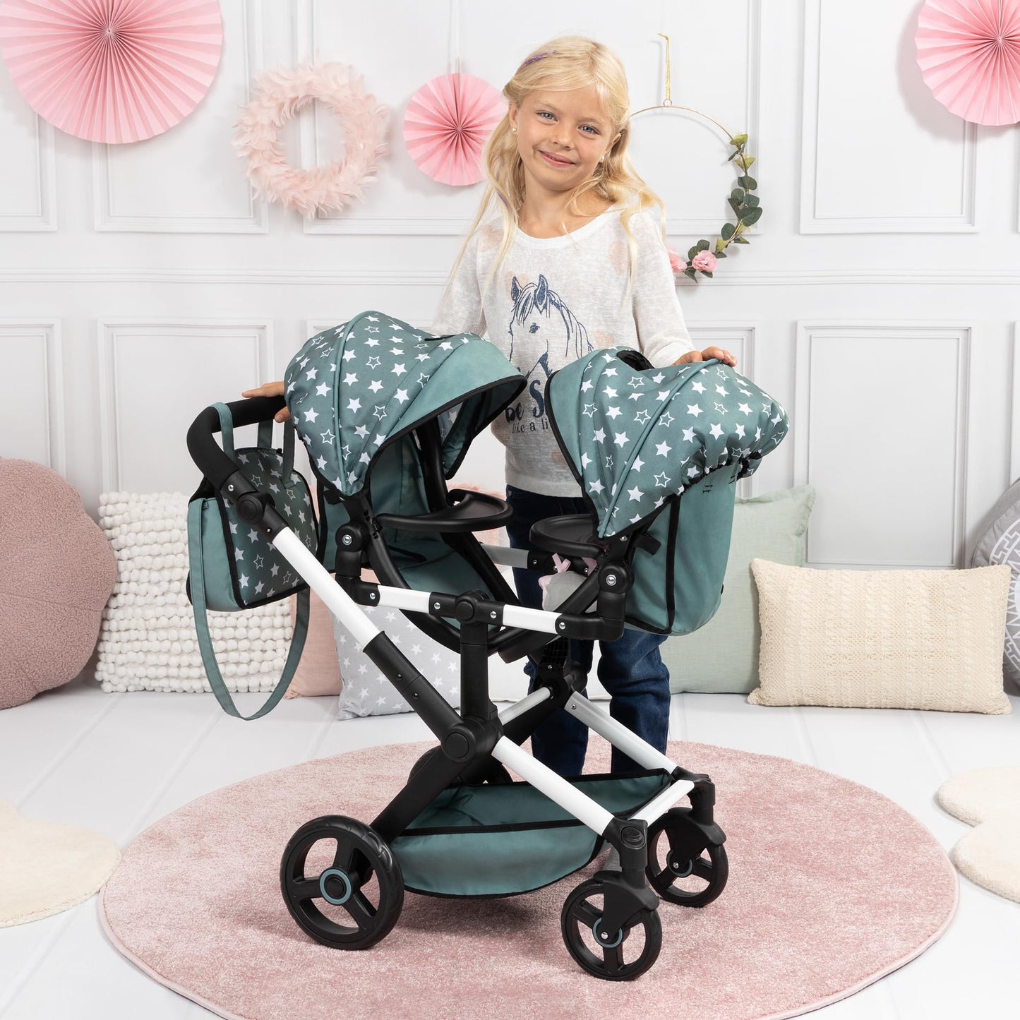 Bayer Design Dolls: Pram Xeo Twin - Green & White Stars - Seats 2 Dolls Up to 18, Shoulder Bag, Adjustable Handle, Foldable, Kid