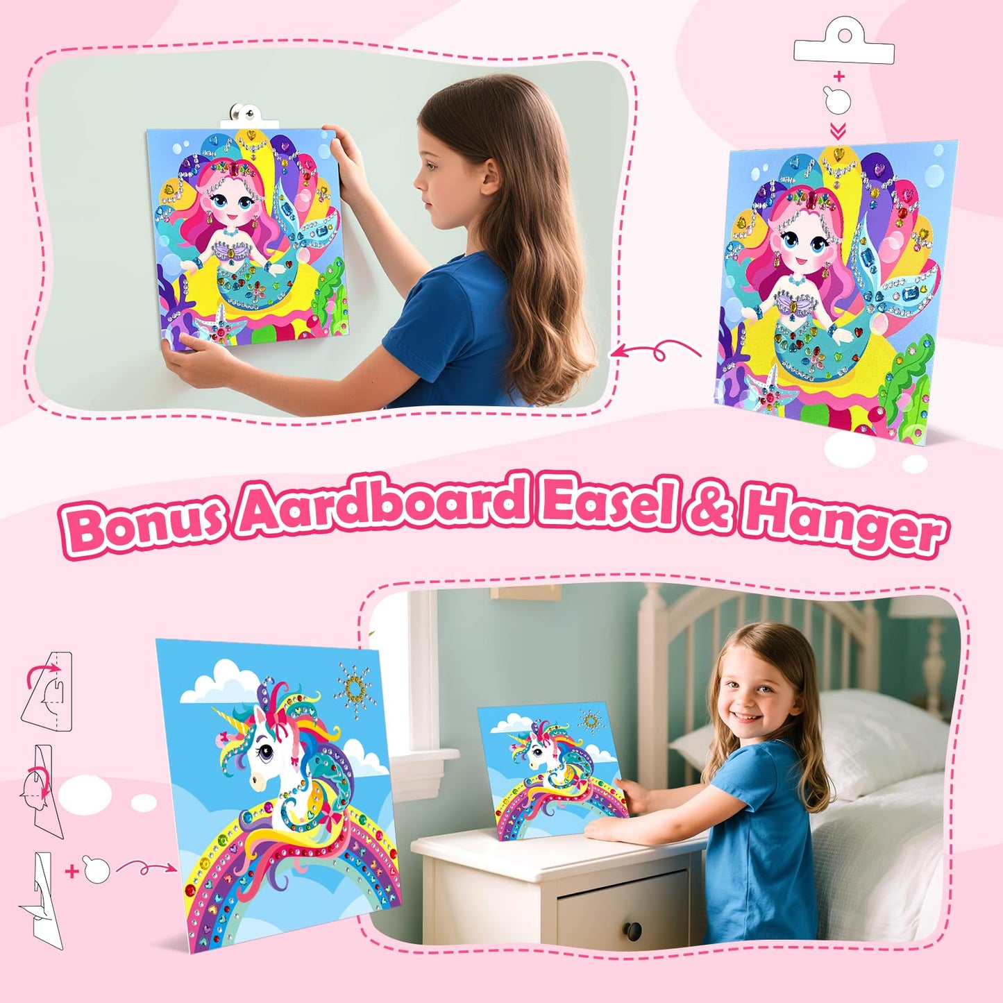 Fortand Gem Art Sticker Kit for Kids, 9x9 Inch, Pink-Unicorn, 8 Unicorn Themes, Crafts for Ages 4-12, Ideal Christmas Birthday Gift