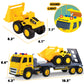 MOBIUS Toys Flatbed Truck with Excavator Tractor Toy - 1:12 Scale, Push and Go Construction Vehicle Playset, Lights & Sounds for