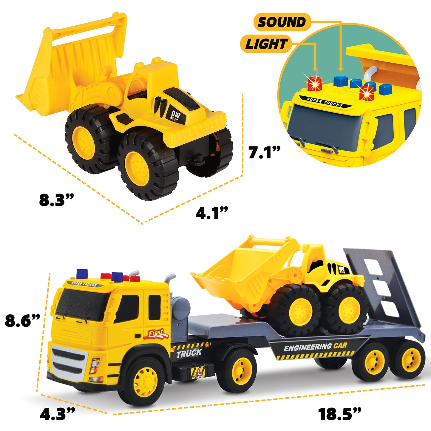 MOBIUS Toys Flatbed Truck with Excavator Tractor Toy - 1:12 Scale, Push and Go Construction Vehicle Playset, Lights & Sounds for